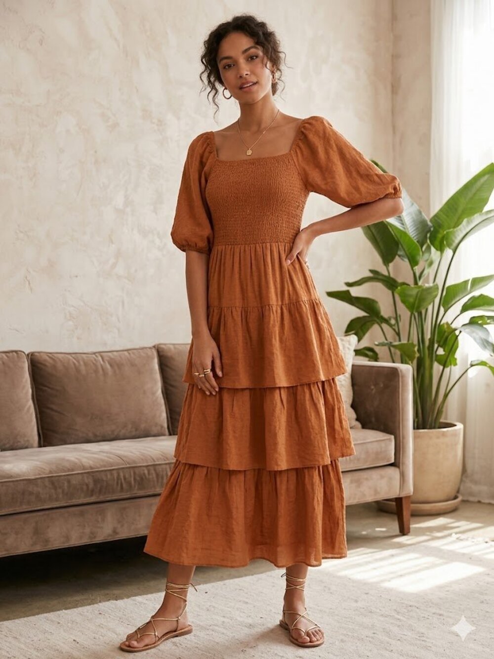 J. Glee Smocked Tiered Maxi Dress | Rust / Terracotta